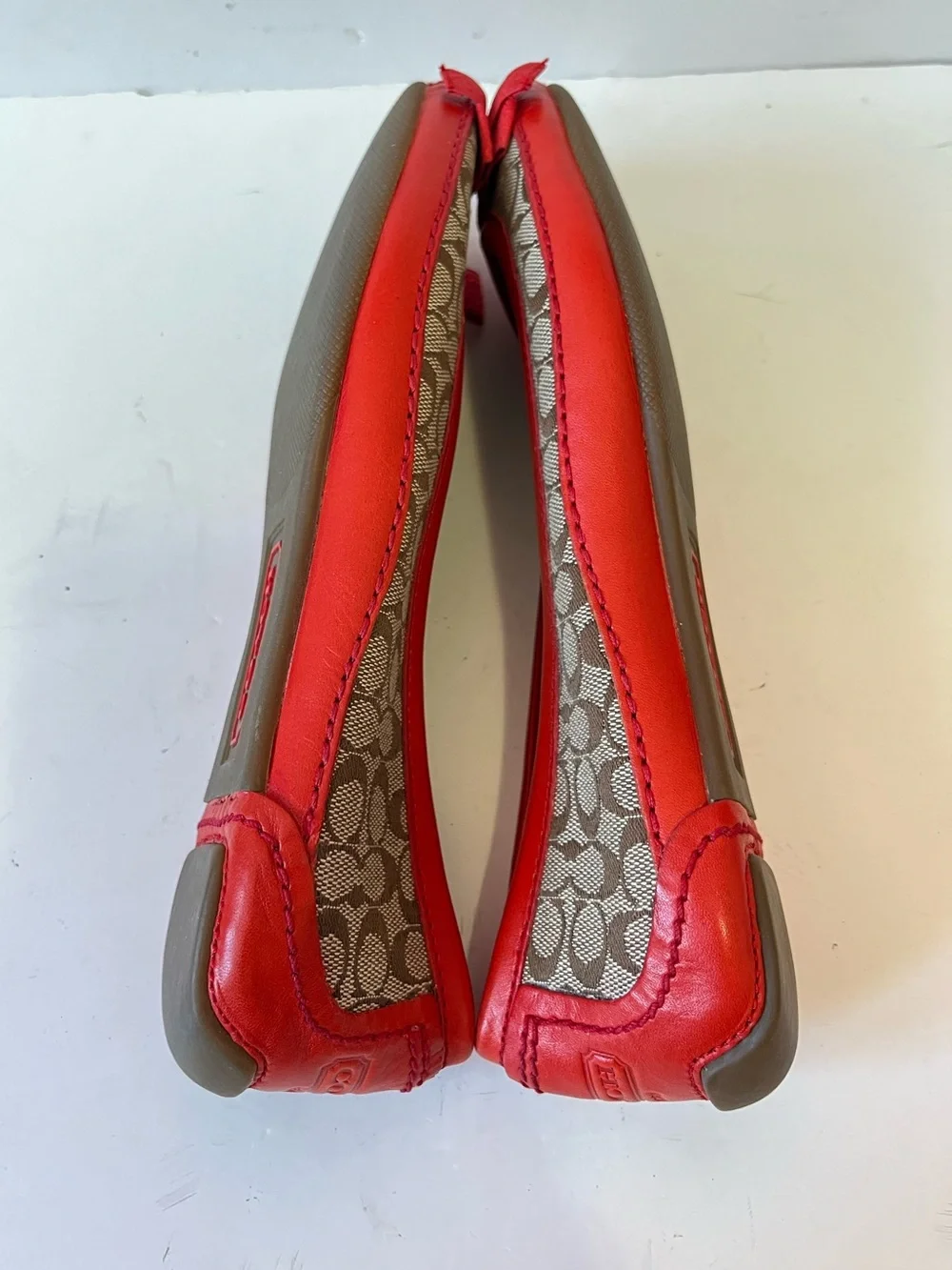 Coach Brown Signature Canvas Ballet Flats with Red Trim & Bow size 8.5B